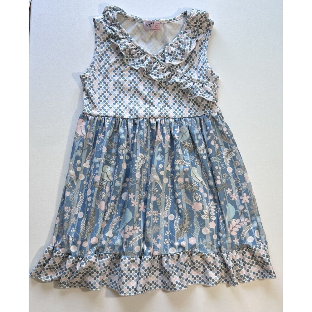 Pete + Lucy Girls Bird Floral Dress Ruffle Sleeveless Boutique Blue Pink